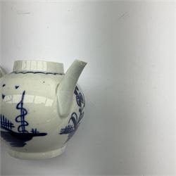 Two 18th century miniature or toy pearlware teapots, the first example lacking cover decorated with an exotic bird, the second with cover painted in underglaze blue with hut and fence, second example approximately H8cm