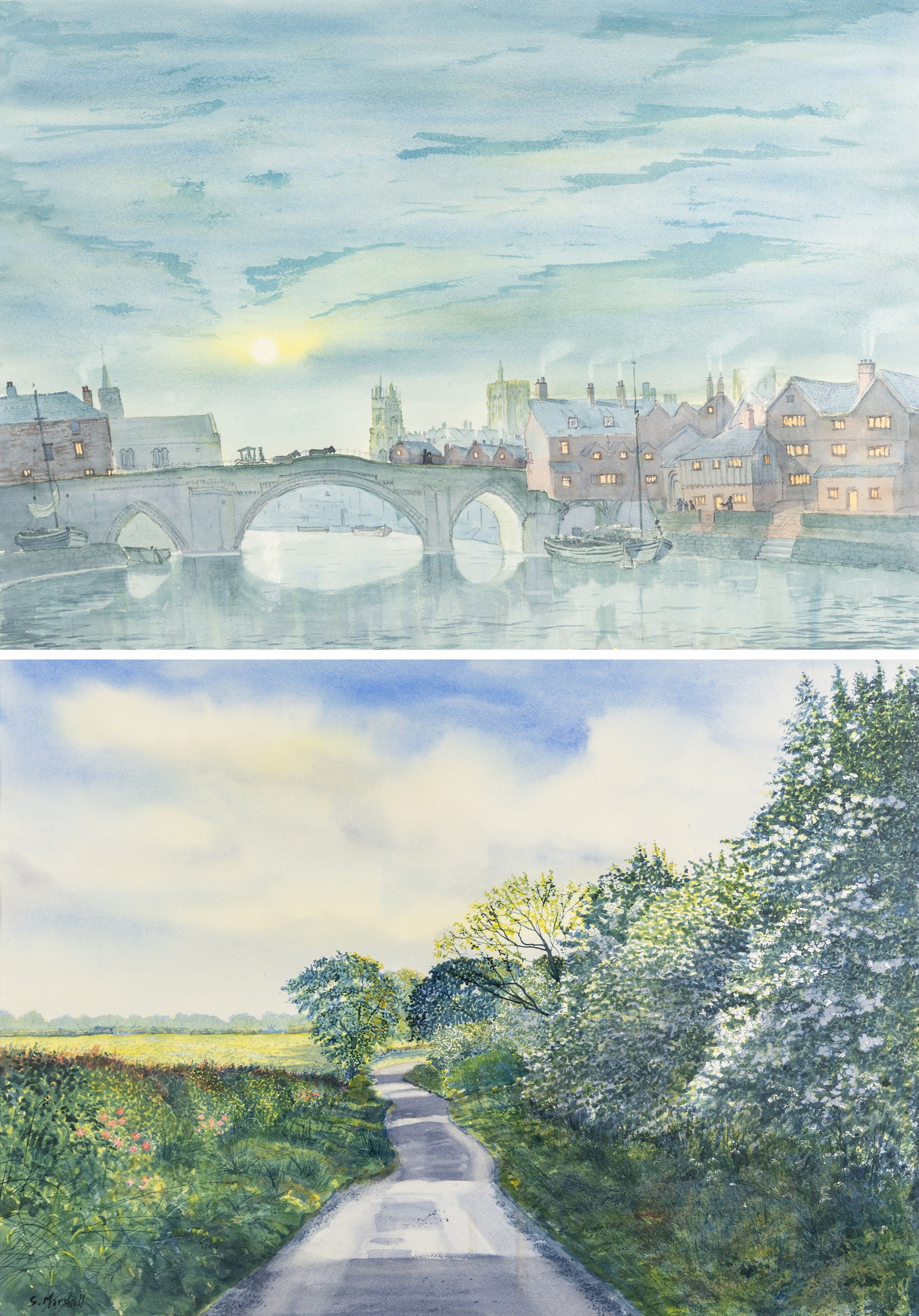 English School (20th century): Ouse Bridge at Dusk, watercolour possibly signed below the mount 51cm x 71cm; Glen Marshall (British Contemporary): A Yorkshire Countryside Path, watercolour signed 51cm x 71cm, in matching gilt frames (2)