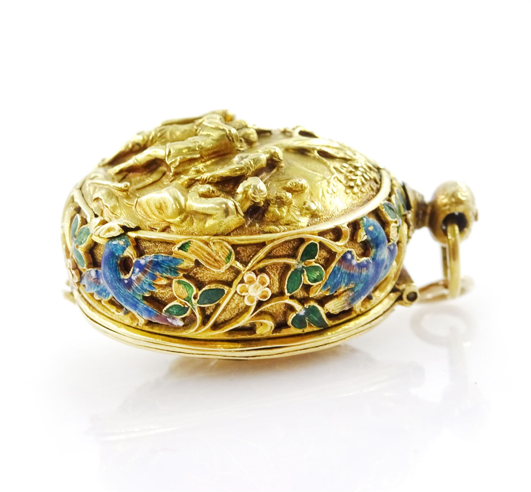 18th century 18ct gold fusee lever full hunter repousse pocket watch with later 19th century modifications to the movement, the 18th century case depicting figures in front of a tree with sheep in the background and enamelled leaf surround, the reverse depicting a classical scene with figures and horses, the side with enamelled bird and foliate decoration, 18th century polychrome dial with gilt hour hand, Roman numerals and quarter hour markers.