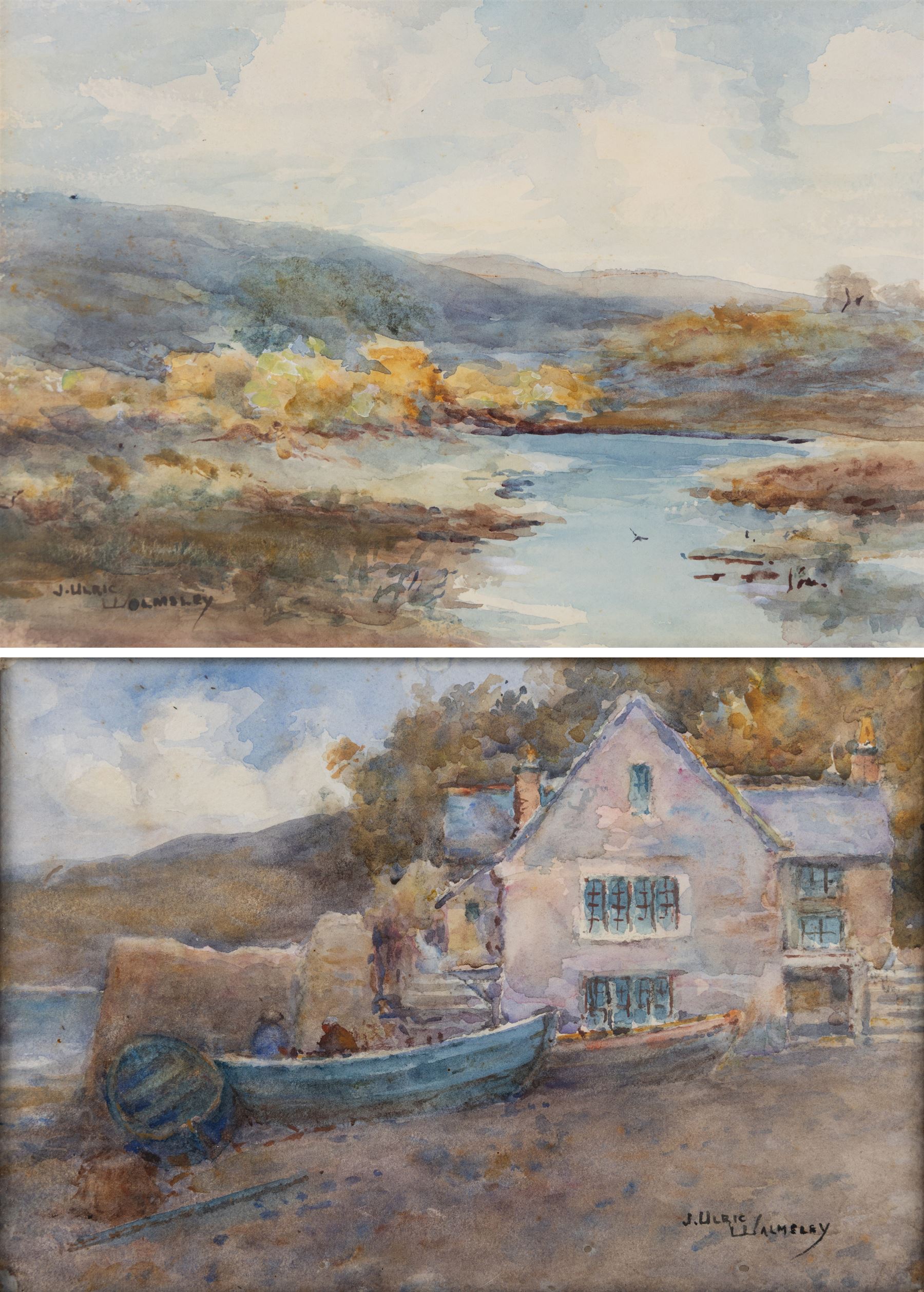 James Ulric Walmsley (British 1860-1954): House on the Lakeside and Moors Landscape, two watercolours  signed, 19cm x 28cm and 18.5cm x 26cm (2)