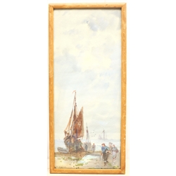 Frank Rousse (British fl.1897-1917): Boats Unloading on the Shore, watercolour signed 41cm x 17cm