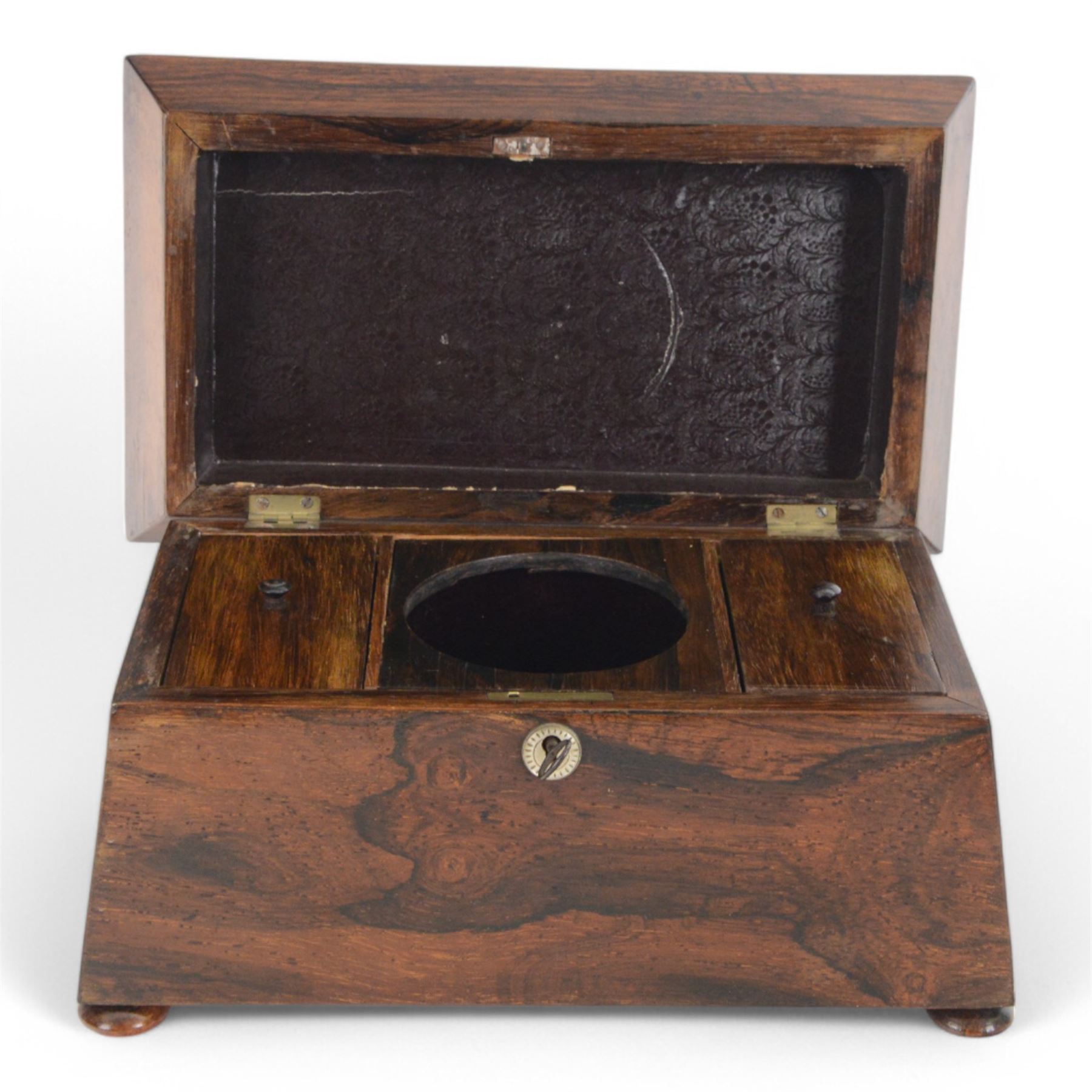 Victorian rosewood tea caddy, of sarcophagus form with mother of pearl escutcheon, upon four squat bun feet, H19cm