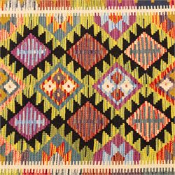 Afghan Maimana flatweave kilim, central field features large bold nested diamond motifs and stylized geometric lozenge patterns on olive purple, blue, and green tone ground, border stripe in mustard ground, and fringe