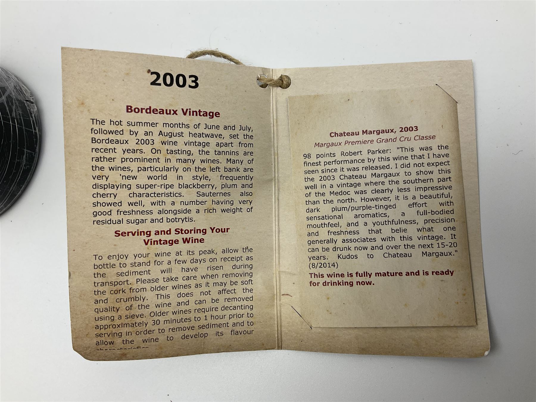 Chateau Margaux, 2003, Margaux, unknown content and proof, this bottle has depressed cork and signs of seepage