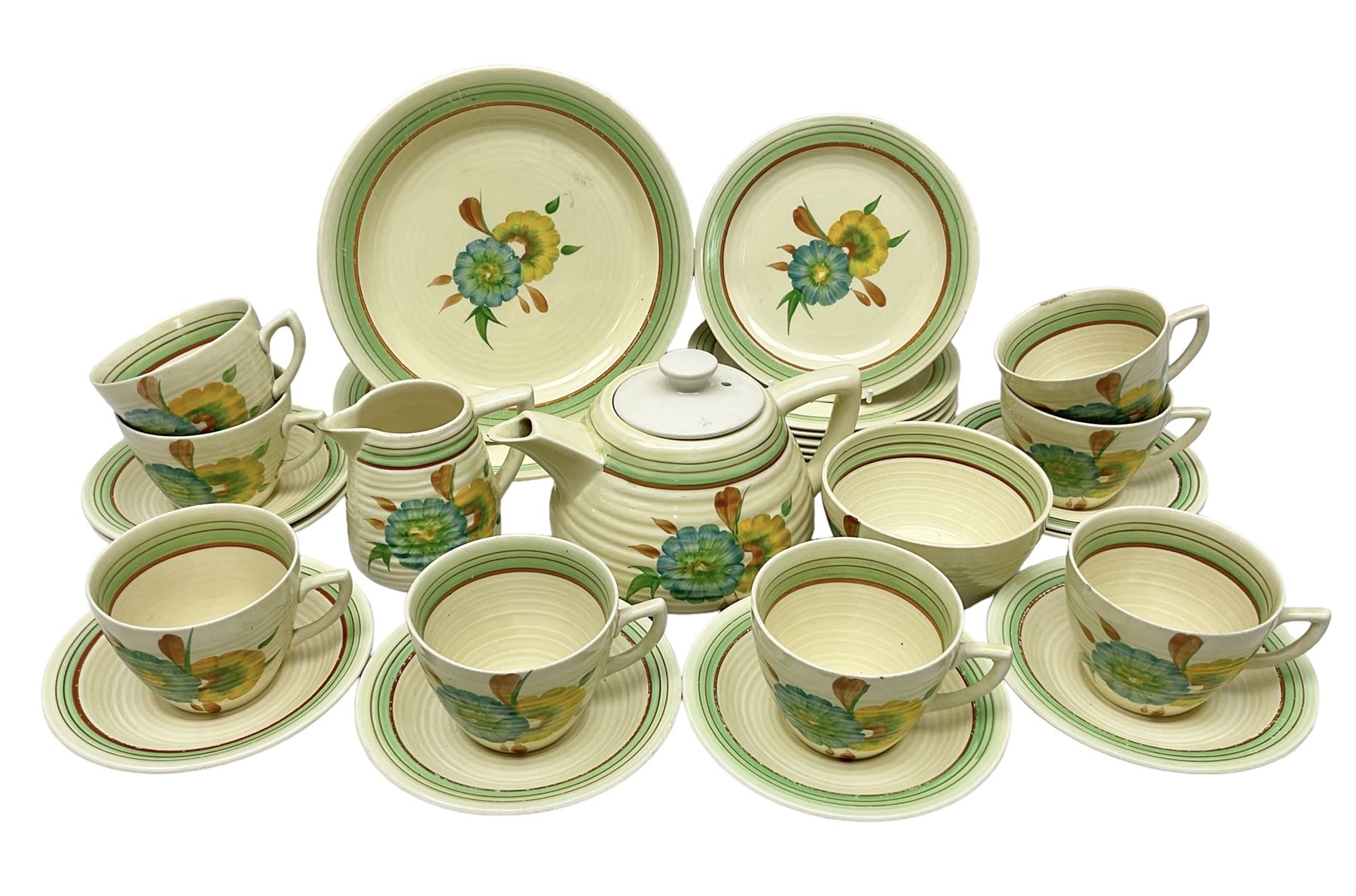 Wilkinson Clarice Cliff honeydew pattern tea service for eight, comprising teapot, milk jug, open sucrier, teacup and saucers, dessert plates and two side plates (29)