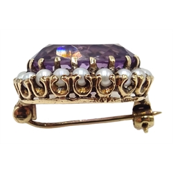  9ct gold oval amethyst and seed pearl brooch, hallmarked  