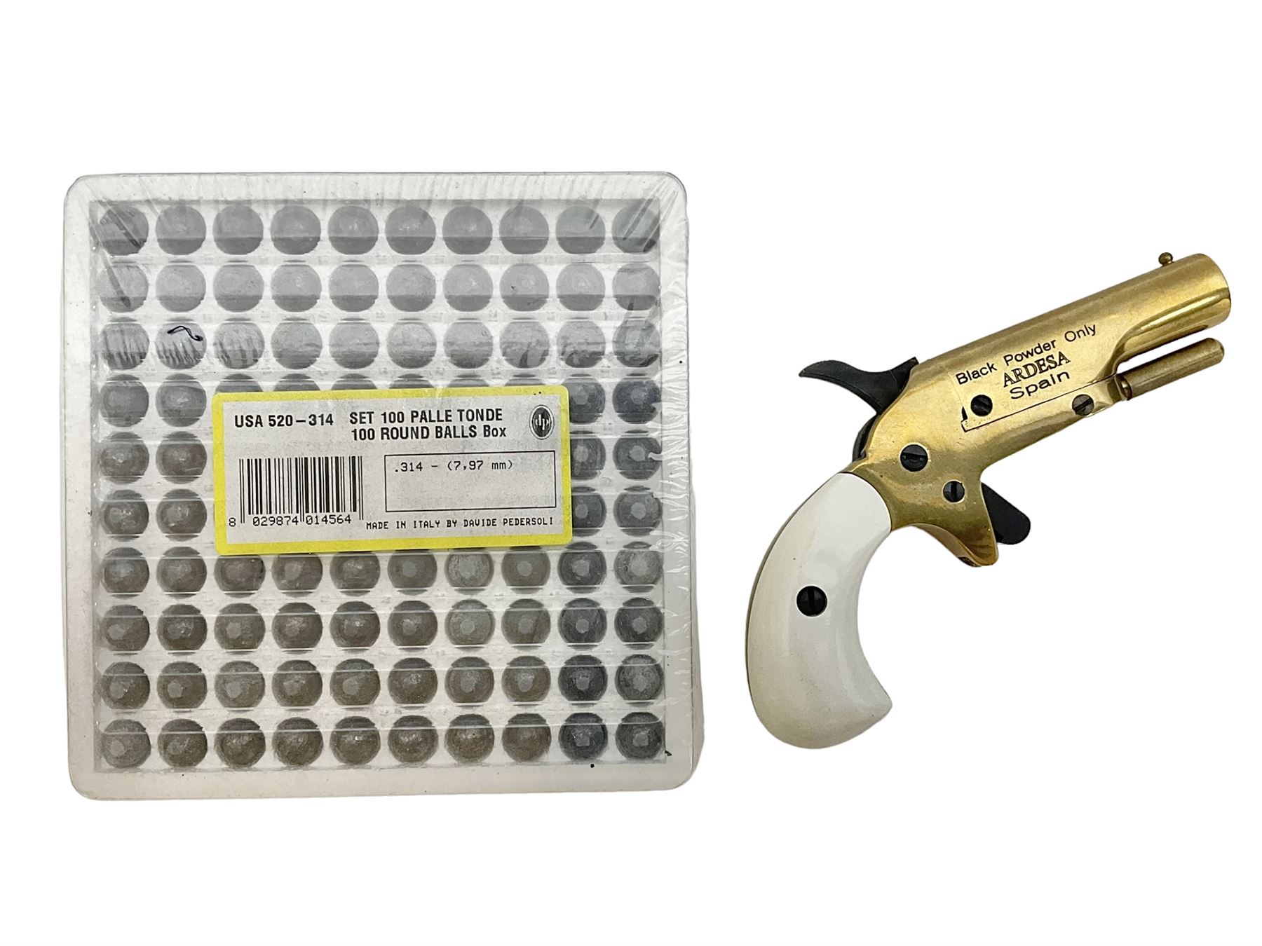 SECTION 1 FIRE-ARMS CERTIFICATE REQUIRED - Spanish Ardesa percussion vest pocket Derringer pistol, .31 cal. black powder; single shot; 6cm barrel; all brass body with white grips; no.14-13-013682-10 with Spanish certificate dated 2010 and box of one hundred balls