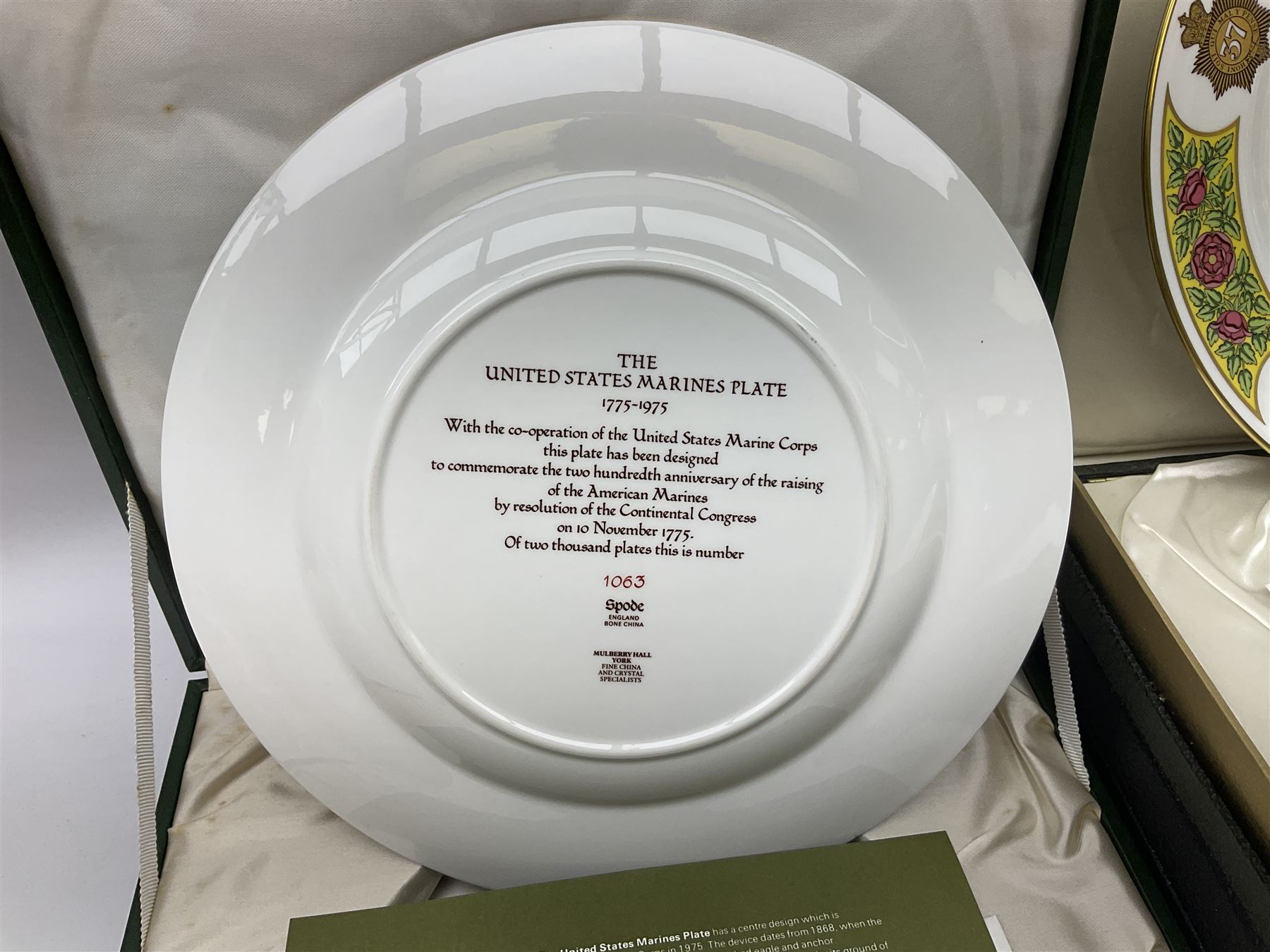 Seven limited edition Spode Military collector's plates comprising The Argyll & Sutherland Highlanders, The Gordon Highlanders, The Royal Hampshire Regiment, The Royal Welch Fusilliers, The Cheshire Regiment, The Gloucestershire Regiment and The United States Marines, all boxed and with certificate  (7)