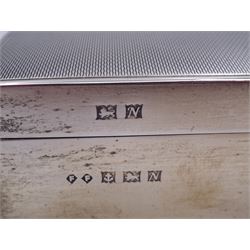 Modern silver mounted cigarette box, of rectangular form, with personal enraving to front and engine turned decoration and initials to cover, opening to reveal soft wood lined partitioned interior, hallmarked Frederick Field Ltd, Birmingham 1962