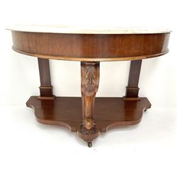 Victorian mahogany demi-lune washstand marble top, acanthus carved cabriole supports on shaped solid undertier 
