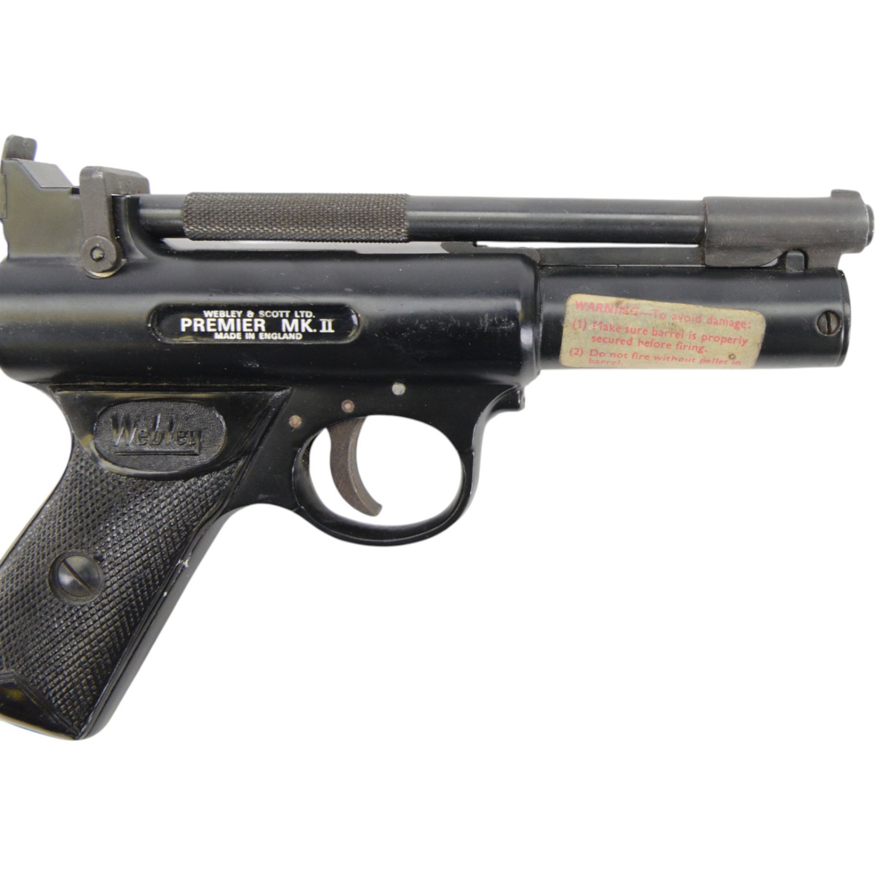 Webley Premier Mark II .22 air pistol, the chamber marked 'Webley & Scott Ltd Premier MK. II made in England', with checkered grip, H14cm, L20cm