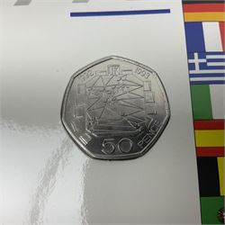 The Royal Mint United Kingdom 1992 and 1993 brilliant uncirculated coin collections, both including dual dated 1992/1993 EEC fifty pence coin, in card folders