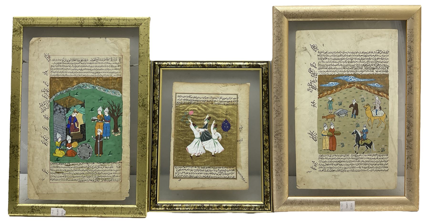 Persian School (19th century): The Khamsah of Nizami, pair plates with illuminated watercolours depicting Emperor Khusraw organising a royal reception and shepherd scene 34cm x 22cm; Ottoman School (18th/19th century): Turkish Whirling Dervish, illuminated watercolour from book plate with Arabic text 23cm x 17cm (3)