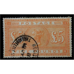  Queen Victoria 5 GBP Orange postage stamp, with Threadneedle street postmark, SG137  