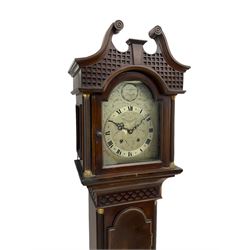 A compact mid-20th century “Grandmother” clock in a replica Georgian styled case c1950, with a silvered break-arch dial, silvered chapter ring, Roman numerals and pierced steel hands, with an eight-day spring wound movement (striking train removed) and pendulum.



