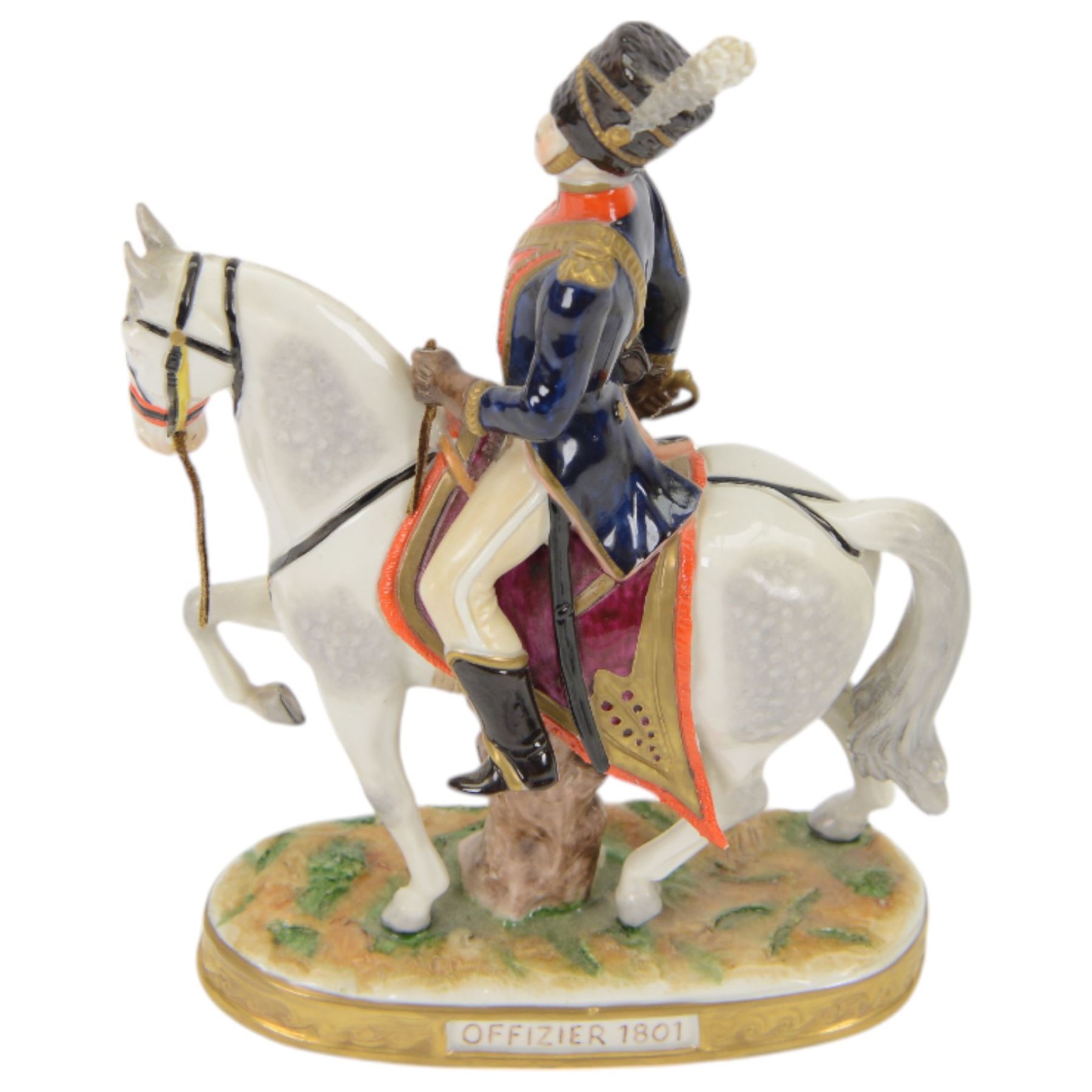 Volkstedt porcelain military equestrian figure, 'Offizier 1801', H24cm