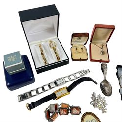 Silver and silver jewellery, including ring, spoon, necklace, screwback earrings, etc, costume jewellery and wristwatches