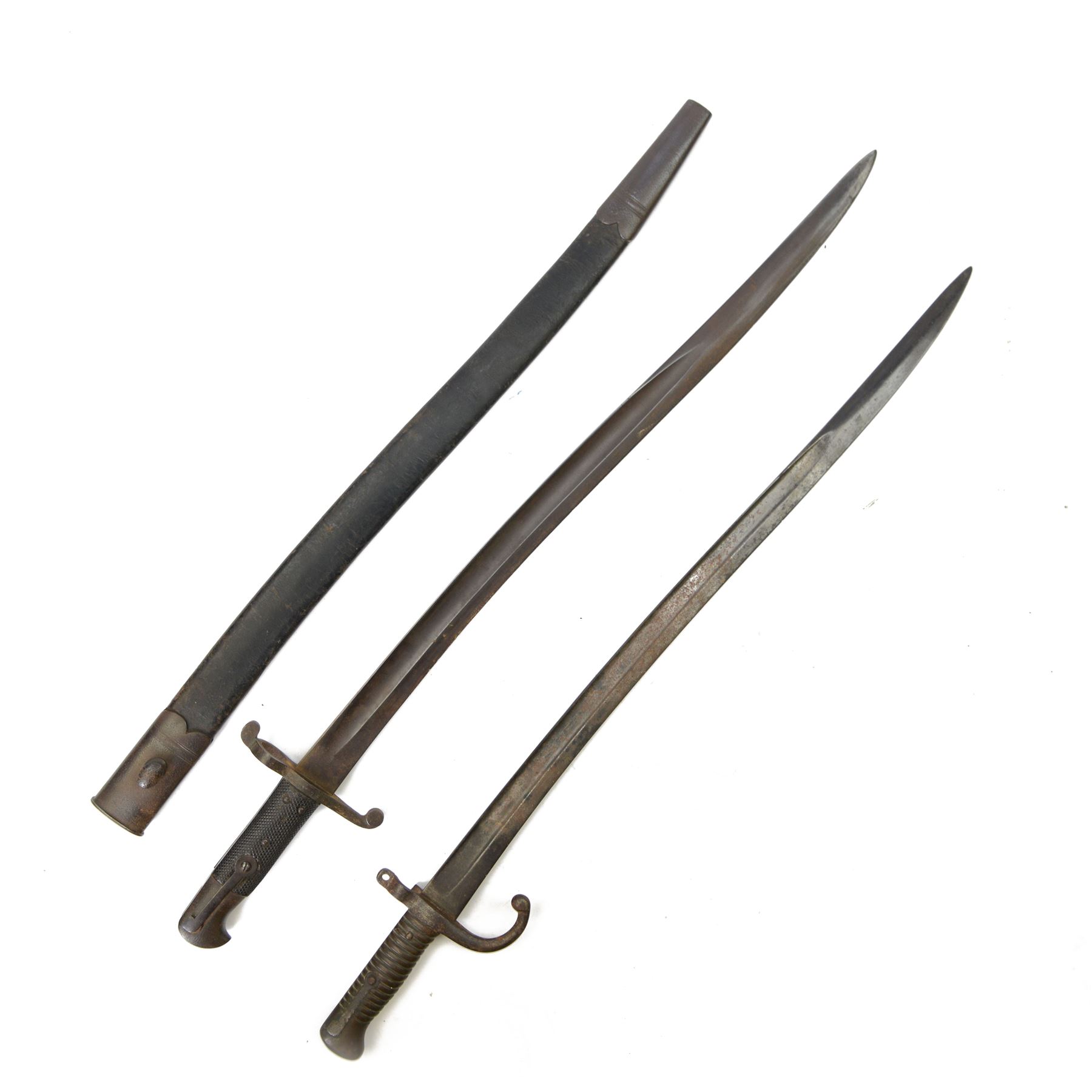 WWII Martini Henry bayonet, with 57cm blade, in steel mounted leather scabbard, together with another WWII bayonet
