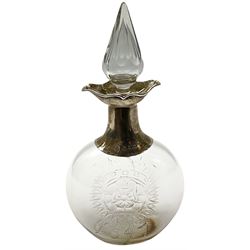 Late Victorian silver mounted clear glass decanter of flask form, the body engraved with Crowned rose and date 1547, the silver mounted collar hallmarked Hukin & Heath (John Thomas Heath & John Hartshorne Middleton), Birmingham 1898, H25cm 