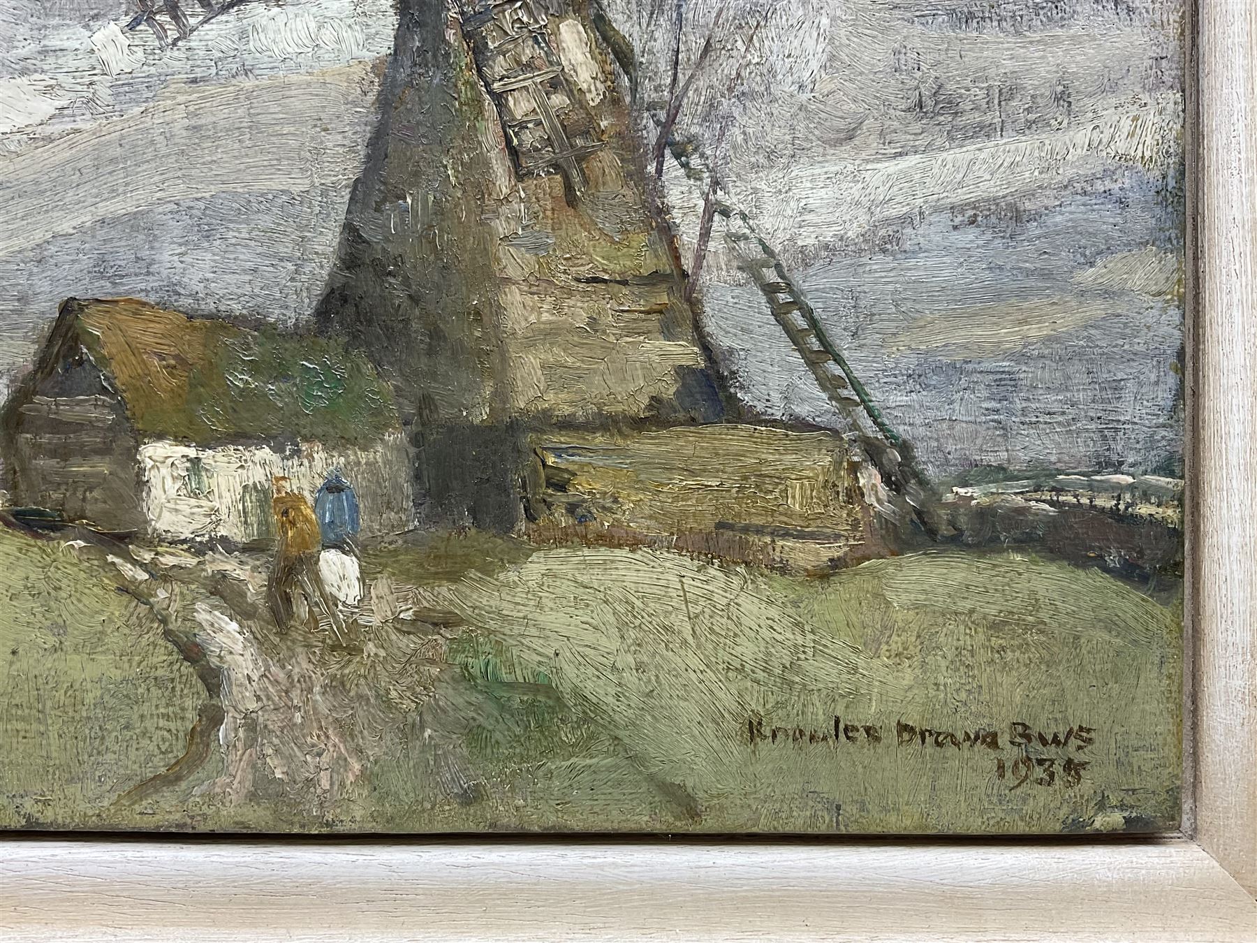 Reginald Frank Knowles Drewe (British 1878-1951): Windmill under Heavy Clouds, oil on artist's board signed and dated 1935, 36cm x 30cm