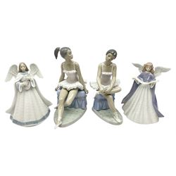 Four Lladro figures, comprising Angelic Melody no 5963 and Angel Tree topper no 5962, Finishing Touches no 6104 and Beautiful Ballerina no 6103, all with original boxes, largest example H22cm