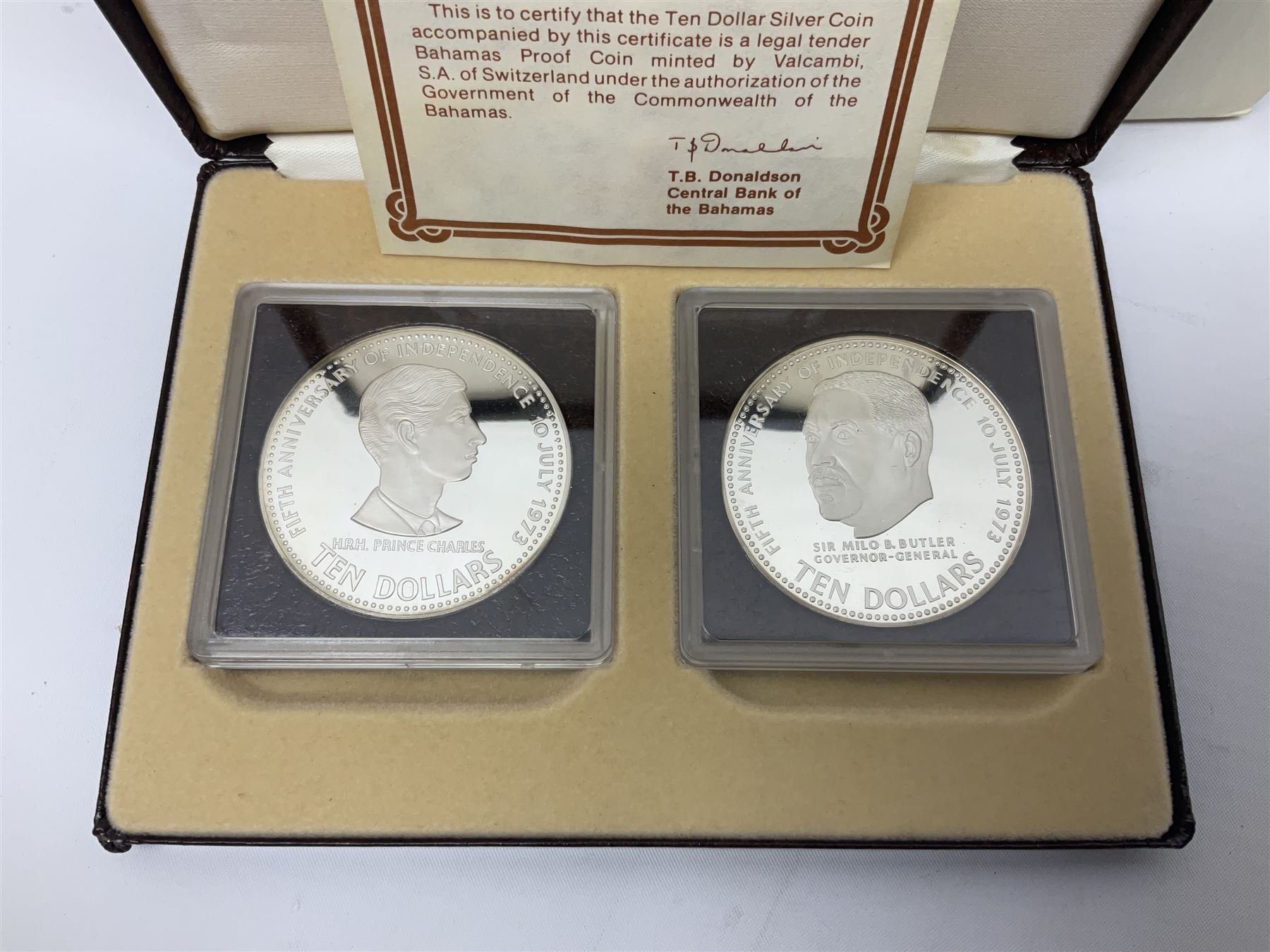 Six Commonwealth of the Bahamas Islands nine coin sets, dated 1972, 1973, 1974, 1975, 1976 and 1979, all minted at the Franklin Mint and containing high denomination silver coins, all cased, and a Bahamas Anniversary 1978 two coin set comprised of two silver proof ten dollar coins, cased 