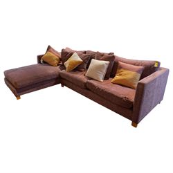 Orior - corner sofa upholstered in plum fabric, loose cushions and various scatter cushion...
