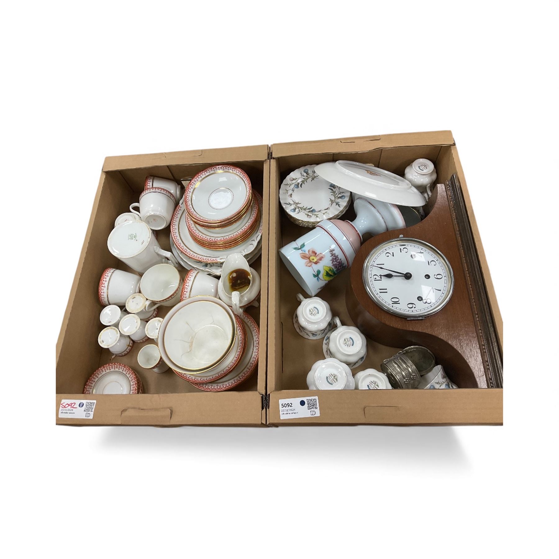 The Foley China, part tea service, including six egg cups, six cups, two jugs etc, together with clock, glass vase etc 