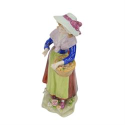 Sitzendorf figure modelled as a shepherdess, together with pair of apple sellers and other continental figures