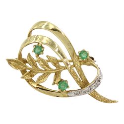 9ct gold emerald and diamond leaf brooch, hallmarked 