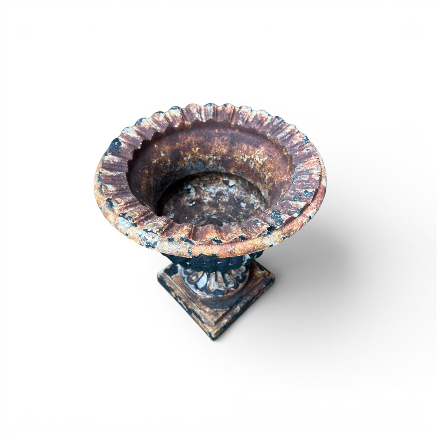 Circle of Coalbrookdale - 19th century cast iron and black painted campana shape urn with flared and scalloped rim, gadrooned underbelly on stepped square base