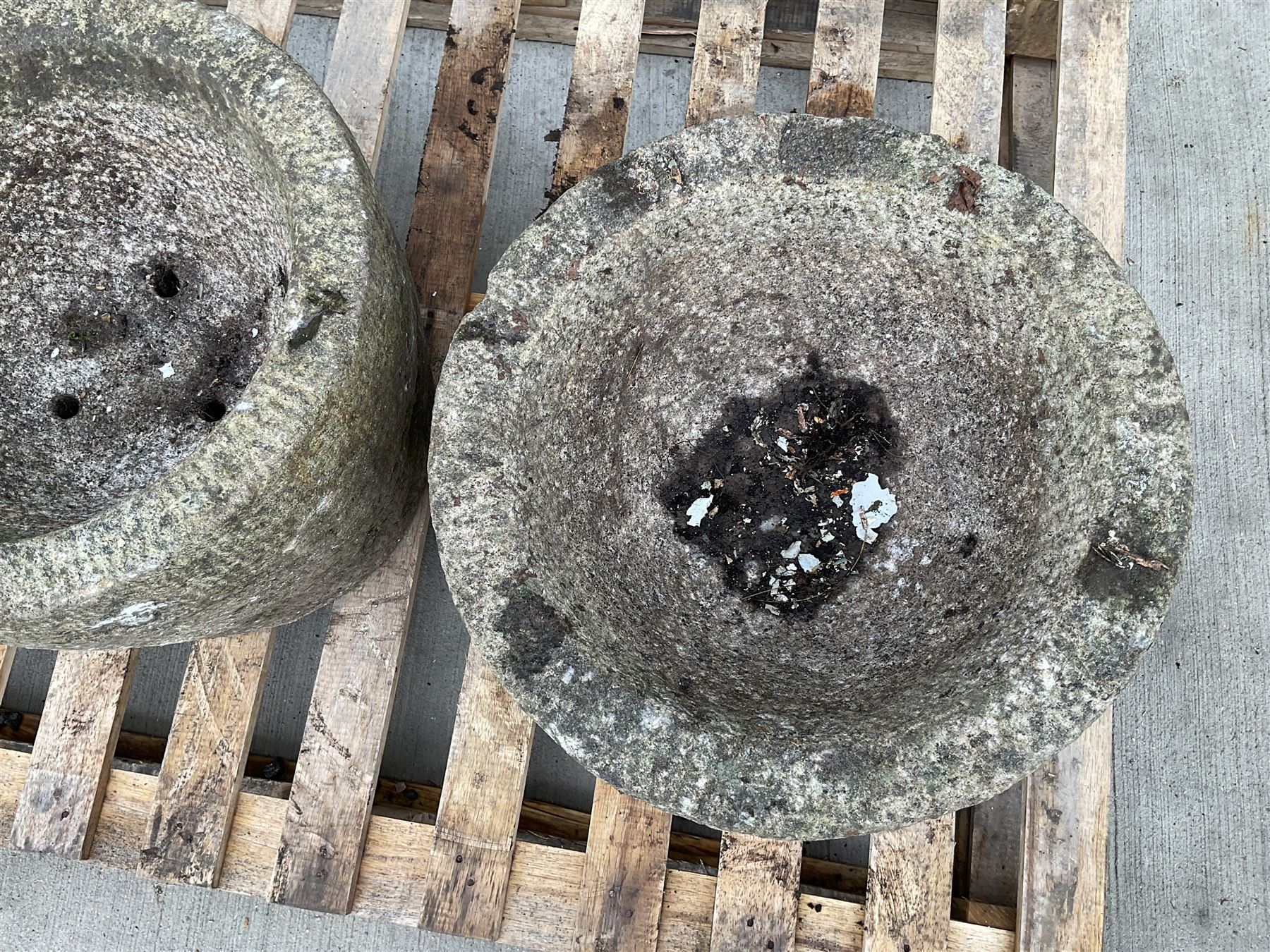 Pair weathered granite planters, circular tapering form

Location: Duggleby Storage, Scarborough Business Park YO11 3TX