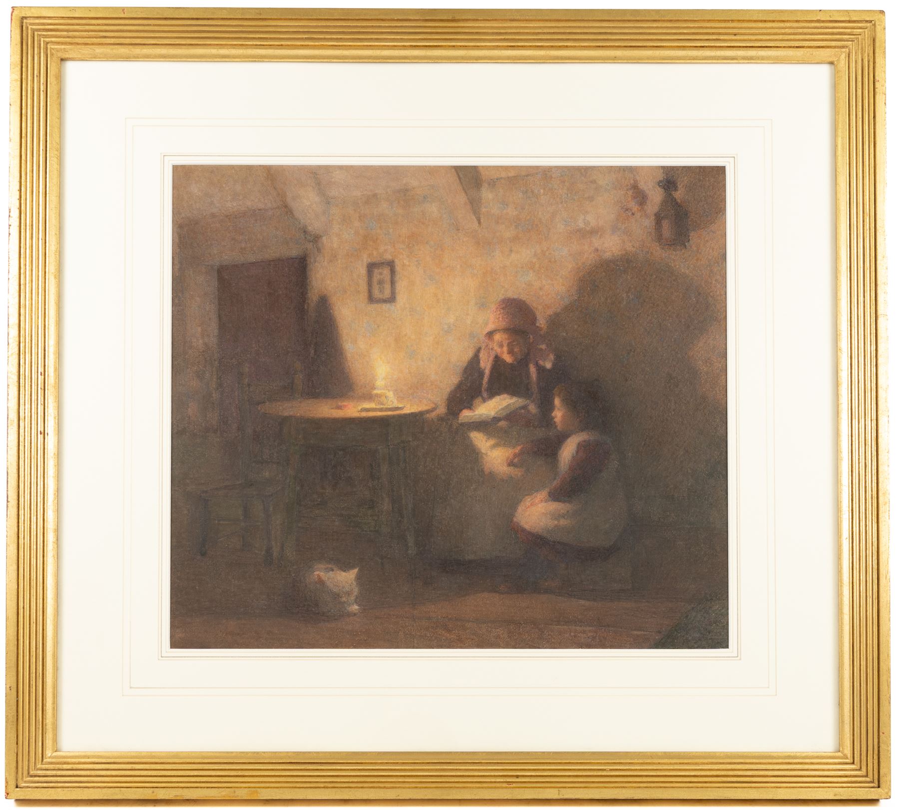 Dame Laura Knight (Staithes Group 1877-1970): Staithes Cottage Interior, Grandmother and Child Reading by Candlelight with a Cat Asleep, watercolour unsigned, attributed on label verso 40cm x 46cm 
Provenance: sold Tennants 23rd July 2004 Lot 719a