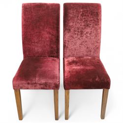 Willis & Gambier - mahogany extending dining table, rectangular top with rounded corners on cabriole legs, with two 35cm extension leaves, four Willis & Gambier upholstered high back chairs and four mahogany chairs, upholstered in a stripped multi-coloured velvet fabric, with scroll-shaped top rail, lyre-shaped back splat on cabriole legs, chairs W46xD91x97cm (11) 