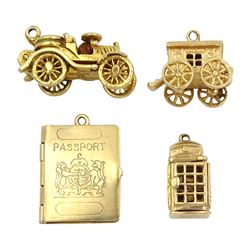 Four 9ct gold charms including telephone box, passport, gypsy caravan and classic car, all hallmarked