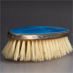1920s silver mounted blue guilloche enamel travelling dressing table set, comprising hairbrush, comb, bottle and jar, hallmarked RWF Ltd, Birmingham 1927, contained withing tooled leather fitted case with bevelled mirror to interior