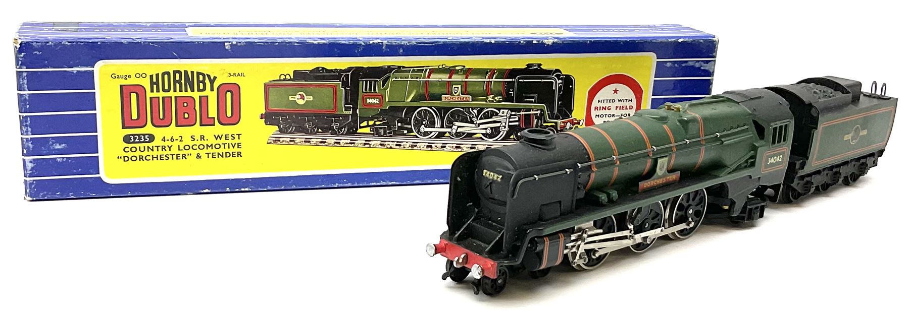 Hornby Dublo - three-rail Rebuilt West Country Class 4-6-2 locomotive 'Dorchester' No.34042 with tender, instructions and amendment sheet, guarantee and oil tube in blue striped box