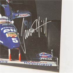 Ten signed Formula 1 photographs, comprising eight Damon Hill examples, Jenson Button and a Nigel Mansell example, nine with certificates of authenticity from Write Stuff Autographs, all framed, largest H47cm, W67cm