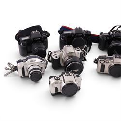 Ten digital cameras, including seven Canon EOS examples, Nikon F65, Nikon Pronea and Nikon F75