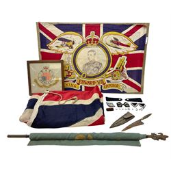 Union flag entitled 'Edward VIII King Emperor' with central portrait surrounded by aircraft, naval ship and field gun 57 x 84cm laid-down on hardboard panel; another larger Union flag 210 x 120cm; 79th North London Air Scouts flag 85 x 117cm on pole with 'Be Prepared' finial; framed embroidered RAC Cirencester crest; native dagger in leather sheath; and small quantity of cloth badges etc