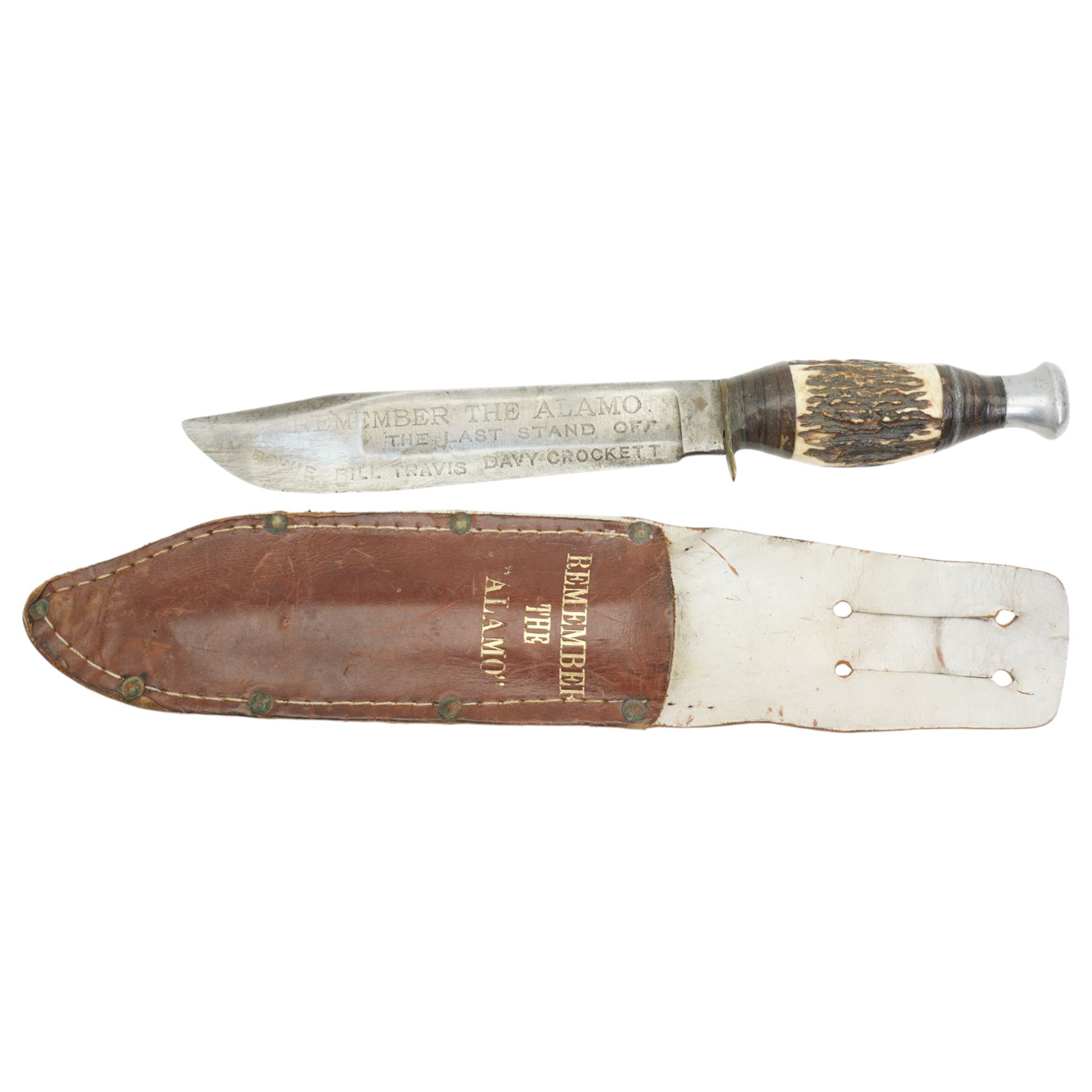 German WWII Mauser bayonet stamped AWS with scales, the leather frog marked Leipzig 1942 and a reproduction 'Remember the Alamo' Bowie knife (2) 