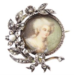 Five 19th century silver portrait brooches, two set with portraits of cherubs and three with women on ivory, three within pierced foliate surrounds. This lot has been registered for sale under Section 10 of the APHA Ivory Act