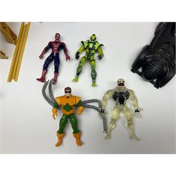 Group of early 90s Marvel/DC Comics toys; 1993 Kenner Batmobile with original Batman figure and plane; Marvel Comics Spider-Man 1994 Web of Steel series Hobgoblin Wing Bomber, incomplete Daily Bugle Playset and Scorpion; assorted figurines and later accessories 