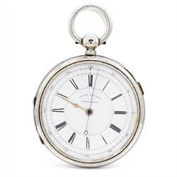 Victorian silver centre seconds key wound chronograph pocket watch No. 31808, white enamel...