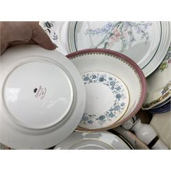 Set of four contemporary Mosa Holland tiles, three further tiles, Grayshott pottery clock, motto ware teacup and saucer, jug and mug, Royal Albert Old Country Roses, Chinese mud men figures, Spode etc and Quantity of ceramics and glassware to include art glass vase, Royal Grafton, Royal Doulton and Colclough dinner wares, Poole, copper lustre, vases etc in six boxes