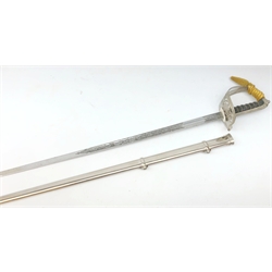  ER2 Warrant Officers Sword, 82cm Wilkinson blade etched with Battle Honours and no.122255 WS 91 9073 6886 , broad arrow, hilt with pierced guard, wire bound textured grip with gilt knot, L103cm  