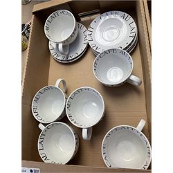 Six coffee cups and saucers together with a group of champagne flutes 