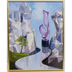 MS UI Gothic Vase in an Abstract Landscape, oil on board signed by Don Micklethwaite (British 1936-) 49cm x 39cm  Notes: study of Murano amethyst glass sculpture by Renato Anatra - lot 2081in  20th century design sale  