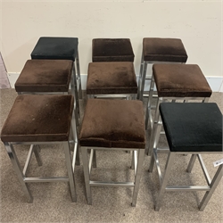 Nine tall upholstered stools with polished metal bases, 37cm x 37cm, H75cm