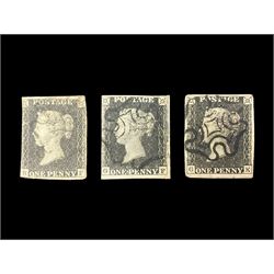 Three Great Britain Queen Victoria penny black stamps, all with black MX cancels